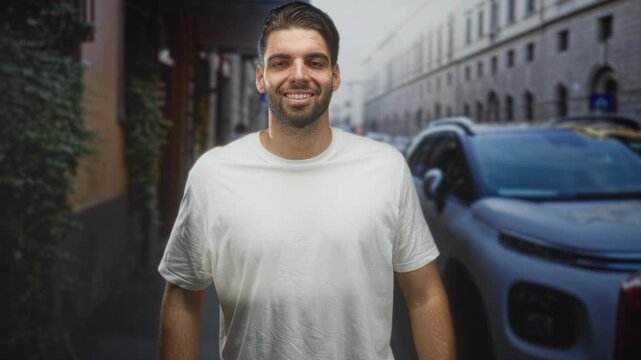 Hispanic man in white tshirt rubbing eyes and raising fists beside a parked car on a city street; amusement candid moment.