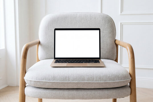 Open laptop with blank white screen resting on a modern light gray armchair in a bright minimalist interior