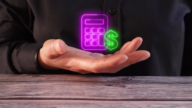 Hand cradles glowing calculator and dollar sign. Digital icons float above palm, symbolizing finance. Professional gesture suggests control, insight, or planning