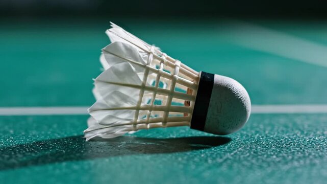 Close Up Shuttlecock Falling And Landing On Court.