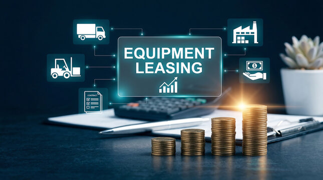 equipment leasing and industrial financing concept with virtual icons for logistics manufacturing and heavy machinery alongside golden coin stacks and calculator on office desk