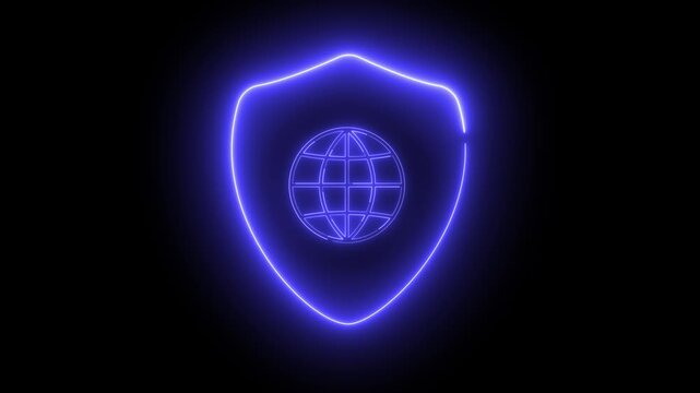 Neon light effect animation of a shield icon with a global map centered on the shield. Ideal for cybersecurity or online security themes.