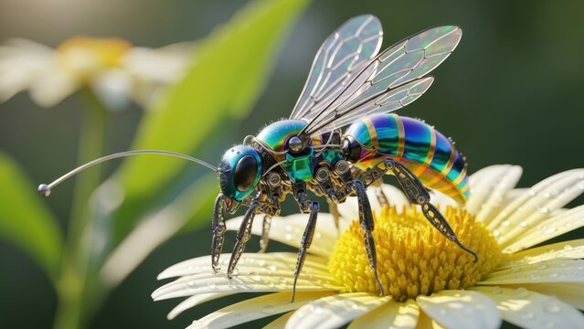 A futuristic robotic insect with iridescent wings on a white flower.