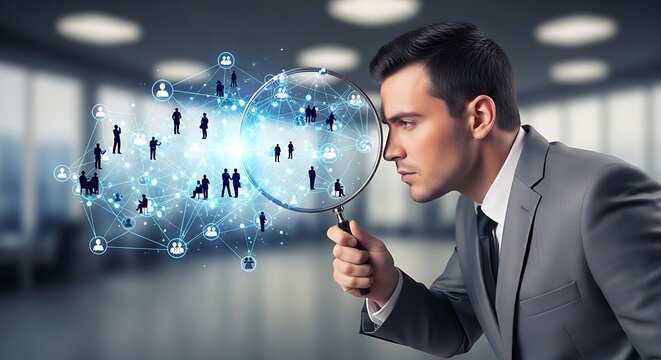 A sharply dressed man with magnifying glass examines a connected network of small figures