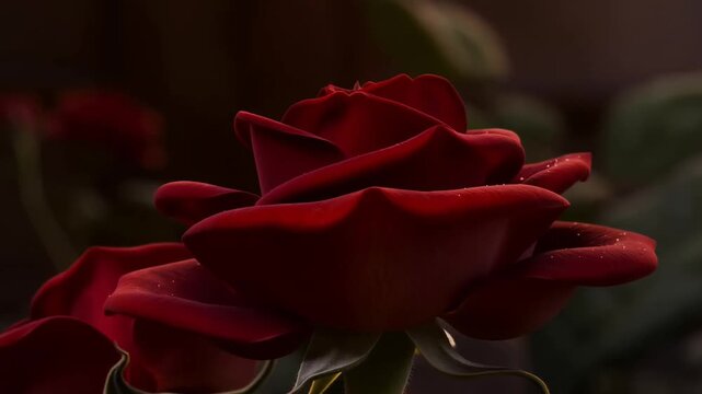 A stunning time-lapse or close-up of a deep red rose bud slowly opening its petals, revealing its delicate inner beauty and velvety texture with soft lighting