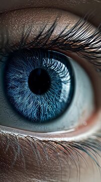 Close-up detailed view of a human blue eye with intricate iris patterns and eyelashes.