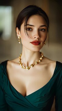 Elegant young woman wearing green dress and gold jewelry posing indoors.