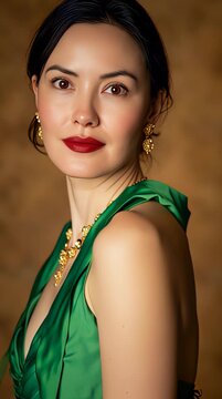 Elegant woman wearing green dress and gold jewelry posing against brown background.