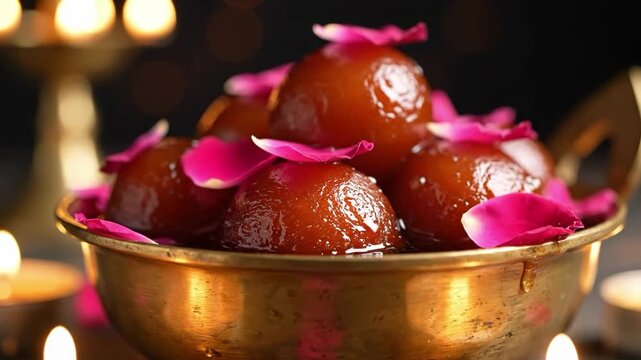 Gulab jamun dessert in a brass bowl