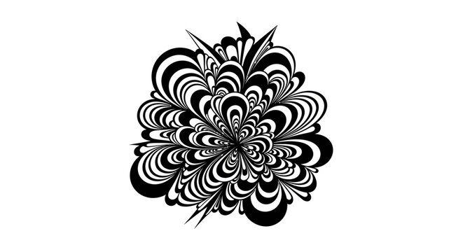 Hypnotic abstract black and white swirling pattern. Intricate optical art graphic with dynamic curves and lines, a unique fractal-like illustration.