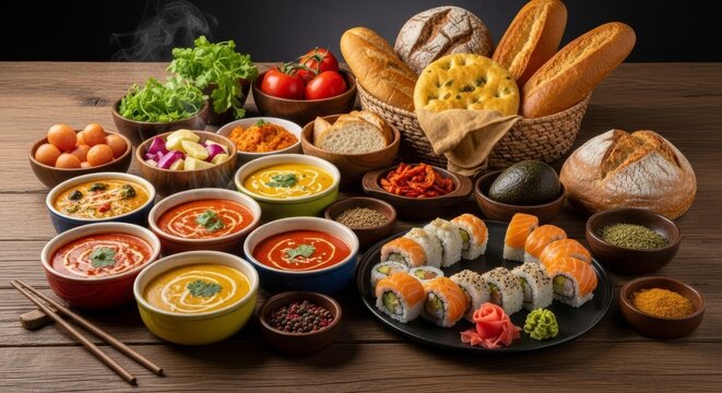 A rustic wooden table overflowing with diverse international dishes including spicy curries, fresh sushi rolls, and artisanal golden breads, platter, grain, cuisine
