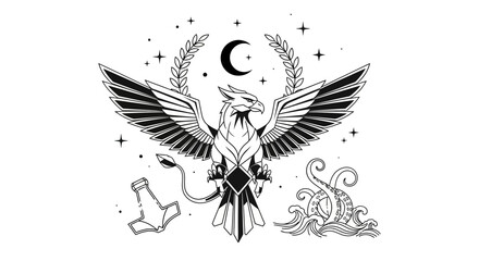 Obraz premium Mythological Griffin Crest Illustration with Celestial Moon, Stars, Laurel Wreath, Ancient Hammer, and Ocean Waves