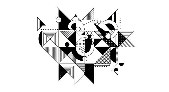 Abstract geometric black and white composition. Modern minimalist graphic design with triangles, circles, and patterns.
