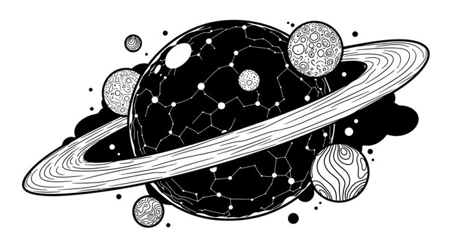 Detailed monochrome illustration of a ringed planet with starry texture and orbiting moons in outer space, cosmic art concept
