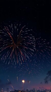 Colorful fireworks exploding in the night sky over a cityscape.