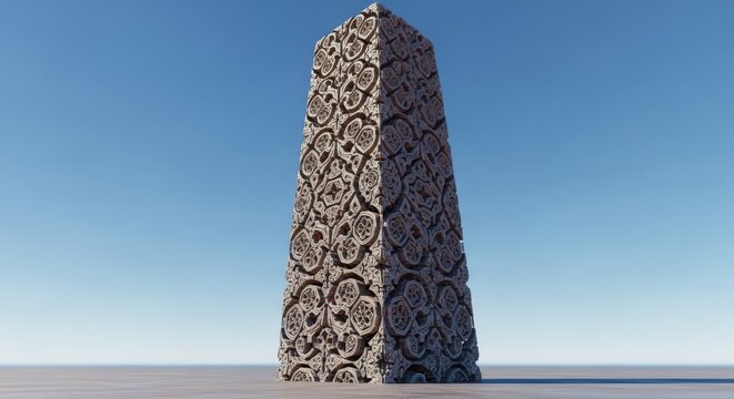 Massive monolithic structure stands tall in an empty space, commanding attention through sheer scale and intricate geometric patterns, concrete, monument, towering