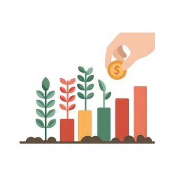 Investing concept illustration, financial growth and return, with growing plants and a hand depositing coin. It symbolizes financial investment, economic development, and business success