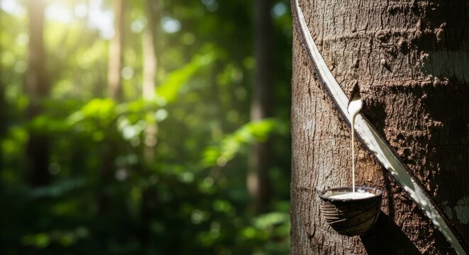 A stream of white milky latex flows from a carved groove on a tropical tree trunk into a small collection cup in a sunlit forest setting, tropical, bowl, sap