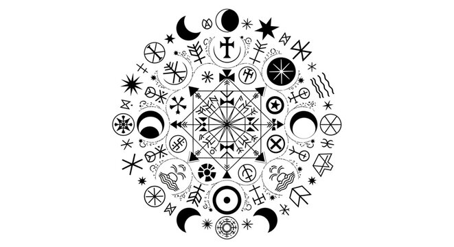 Esoteric and Mystic Symbols Mandala Illustration. Spiritual Occult Alchemy Astrology Pagan Icons in Black and White Art.