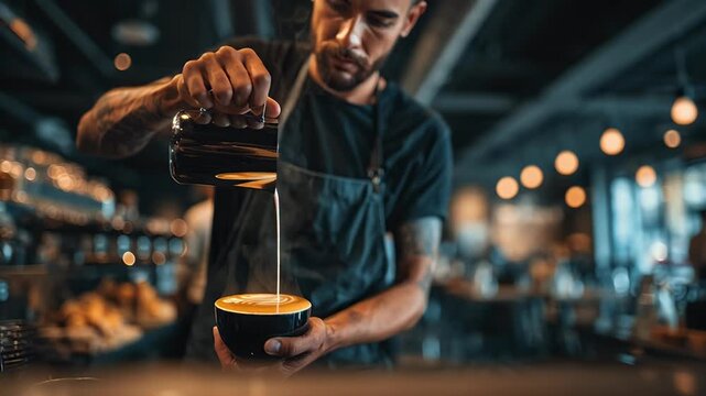 Skilled barista meticulously pours latte art into a ceramic cup in a dimly lit coffee shop showcasing craftsmanship and the artistry of specialty coffee preparation
