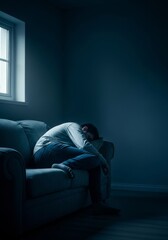 Fototapeta premium Slumped posture on a worn fabric sofa within a dimly lit interior creates an atmosphere of deep exhaustion, sadness, and quiet solitude, somber, hopeless, lonely