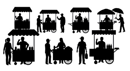 Obraz premium Street food vendors and customers in silhouette.