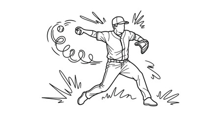Fototapeta premium Baseball Pitcher Throwing Ball Vector Illustration, Dynamic Sports Athlete Action Drawing in Minimalist Line Art Style for Athletic Branding and Mascot Design
