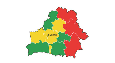 Fototapeta premium Belarus Administrative Regions Map Vector Illustration with Minsk Capital City Marker, Colorful Regional Division Graphic for Infographic and Data Visualization Projects
