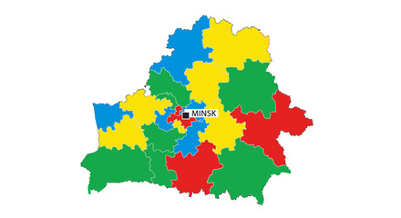 Fototapeta premium Belarus Administrative Map Vector Illustration with Colorful Regions and Minsk Capital City Marker Isolated on White Background for Infographic Design