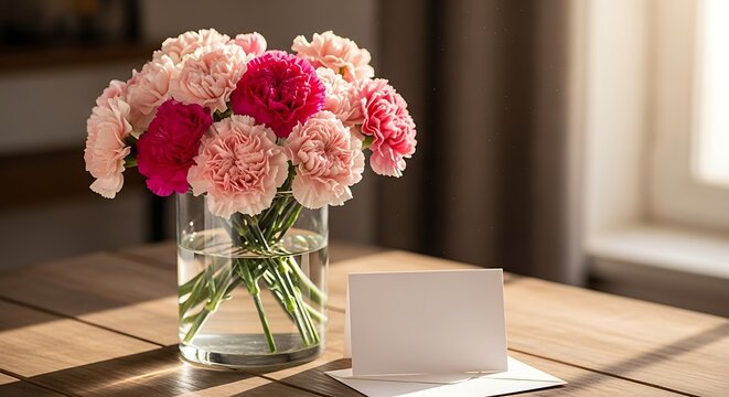 Bouquet of carnations in a glass vase on a wooden table with a blank card
