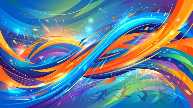 Ilustrasi abstrak penuh warna yang menggambarkan energi, kecepatan, dan semangat olahraga. Alur garis dinamis dan percikan cahaya menciptakan kesan gerak, momentum, dan puncak emosi pertandingan. Coco