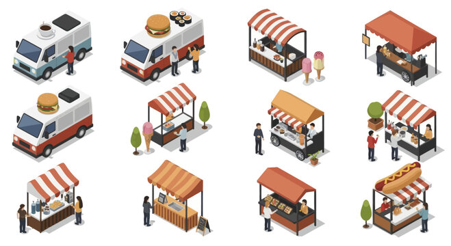 Isometric food trucks and market stalls with people.