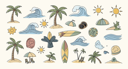 Obraz premium Tropical Beach Elements Collection Palm Trees Surfboards and Ocean Waves.