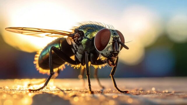 Stunning macro shot of a common housefly at golden hour with intricate details