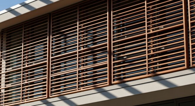 Angled timber louvers controlling solar gain on a modern building facade