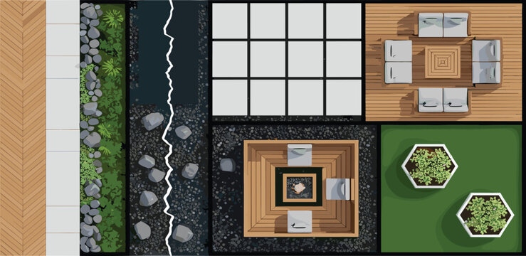 Top-down view of a modern outdoor living space plan featuring various elements like a patio, garden, fire pit, and seating arrangements, ideal for landscape design concepts