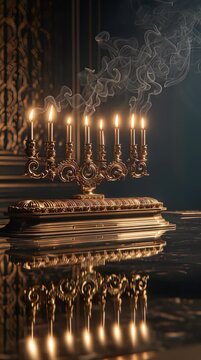 Elegant golden menorah with lit candles and rising smoke in a dark setting.