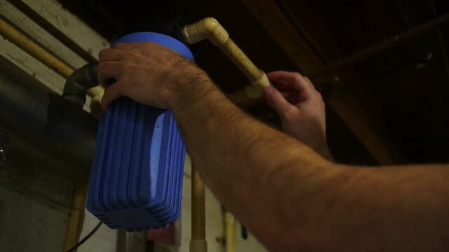  A Plumbing Specialists Checks to Make Sure Water Micron Filter is Secure.