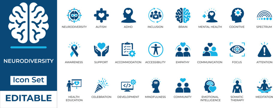 Neurodiversity and mental health flat icon set. Editable vector illustration featuring autism, ADHD, inclusion, and therapy symbols for medical design.