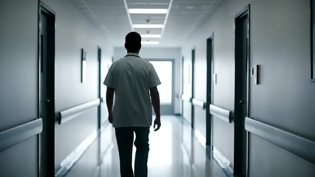 Silhouette of a medical professional walking down a hospital corridor.