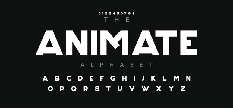 ANIMATE Technical font, digital wide cyber alphabet, letters from A to Z and numbers from 0 to 9 for you logo designs, vector illustration 10EPS
