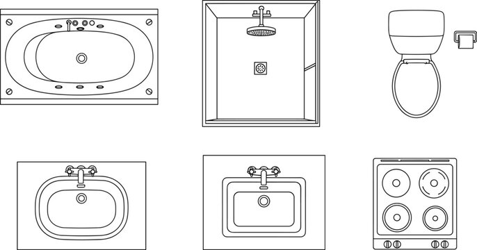 Top-down blueprint views of common household fixtures including a bathtub, shower stall, toilet, two sinks, and a stove, showcasing architectural and home design elements