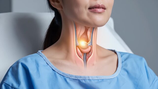 Close up Of A Woman's Neck Showing Anatomy Of The Thyroid Gland Larynx And Vocal Cords In A Medical Illustration