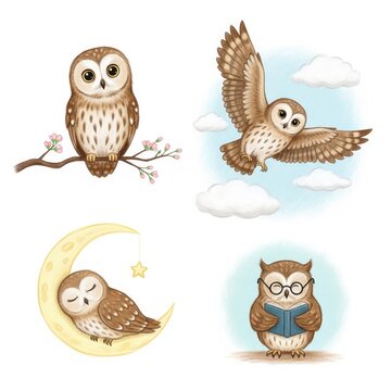 Whimsical Illustrations of Owls in Various Scenes