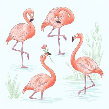 Flamingos standing in water with flower and plants around