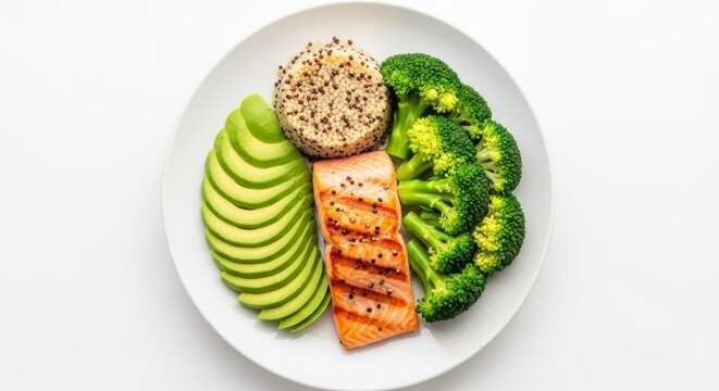 A top down view of a balanced meal featuring grilled salmon, fresh green broccoli, quinoa, and sliced avocado on a white ceramic plate, tasty, broccoli, healthy