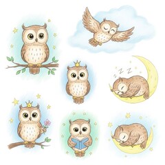 Fototapeta premium Whimsical Owls in Various Scenes and Emotions