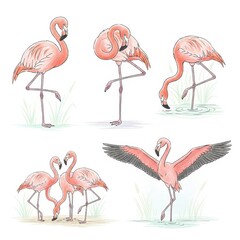Obraz premium Flamingos in Various Poses and Expressions Illustration