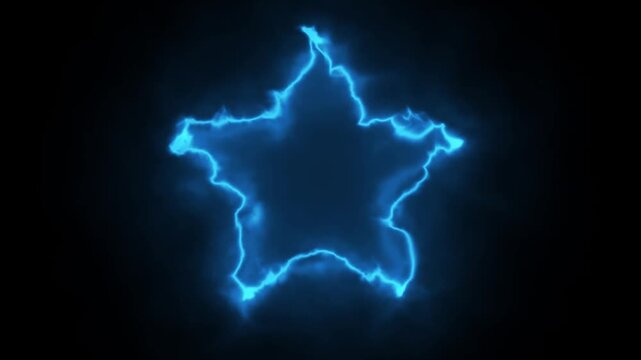 Blue electric lightning energy forming a five-pointed star shape on a black background. Dynamic motion graphics animation of power and sparks.