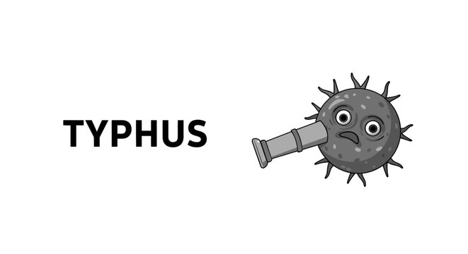 Typhus medical concept with cartoon bacteria character being viewed through a microscope.
